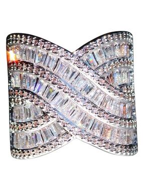 CZ Baguette Statement Ring Silver Tone Multi Row Pavé Sparkle Cocktail Ring NWT